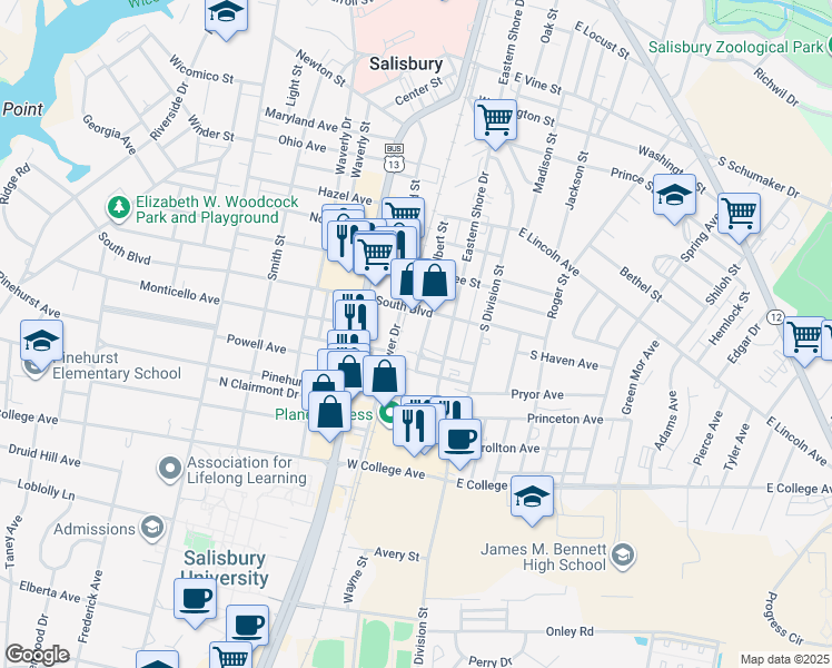 map of restaurants, bars, coffee shops, grocery stores, and more near 912 Eastern Shore Drive in Salisbury