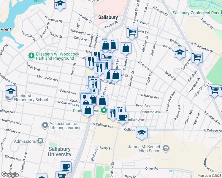 map of restaurants, bars, coffee shops, grocery stores, and more near 912 Eastern Shore Drive in Salisbury