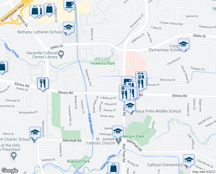 map of restaurants, bars, coffee shops, grocery stores, and more near 166 Saybrook Avenue in Vacaville