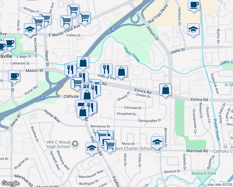 map of restaurants, bars, coffee shops, grocery stores, and more near 146 Del Rio Court in Vacaville