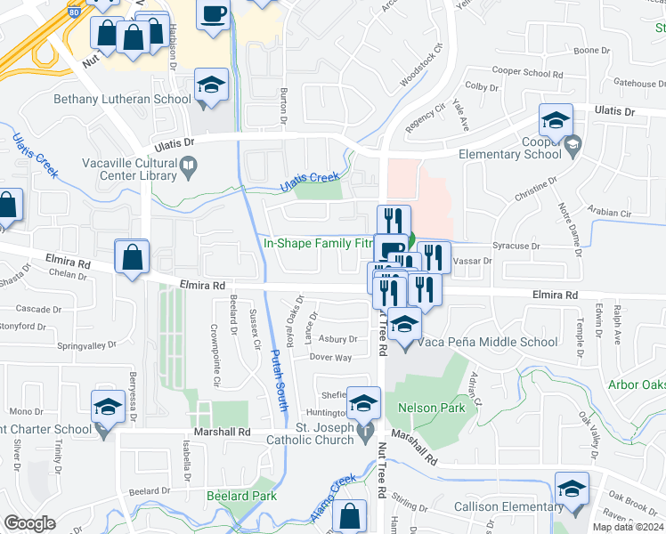 map of restaurants, bars, coffee shops, grocery stores, and more near 184 Nantucket Circle in Vacaville