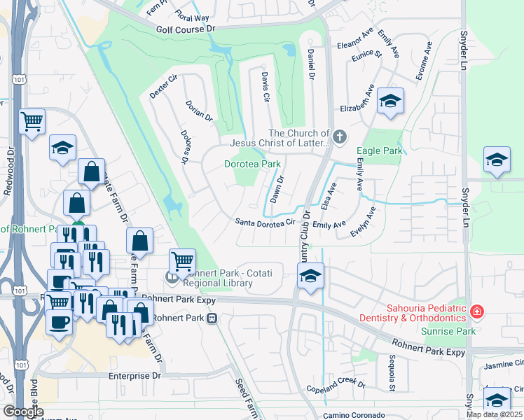 map of restaurants, bars, coffee shops, grocery stores, and more near 827 Santa Dorotea Circle in Rohnert Park