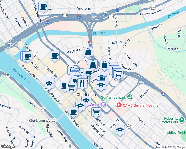 map of restaurants, bars, coffee shops, grocery stores, and more near 411 Capitol Street in Charleston