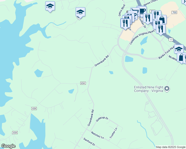 map of restaurants, bars, coffee shops, grocery stores, and more near 173 Greenbank Road in Fredericksburg