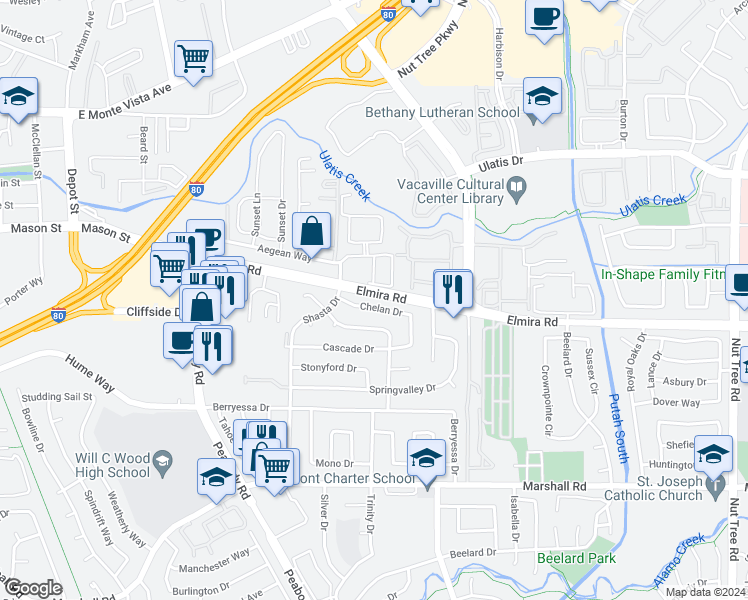 map of restaurants, bars, coffee shops, grocery stores, and more near 426 Chelan Drive in Vacaville