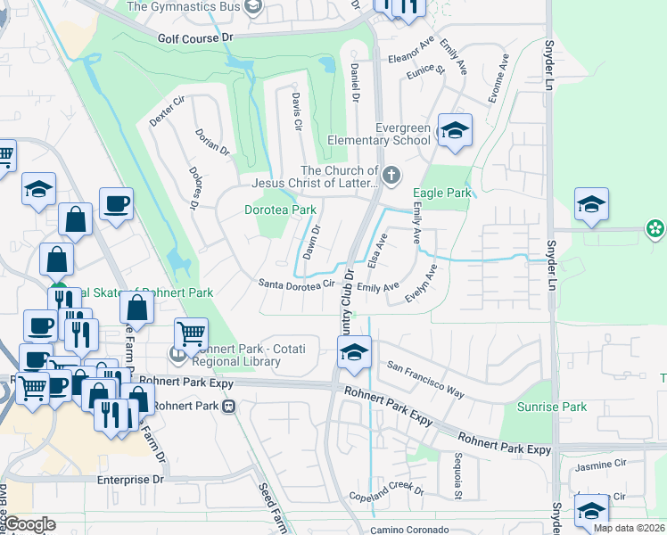 map of restaurants, bars, coffee shops, grocery stores, and more near 6078 Della Court in Rohnert Park