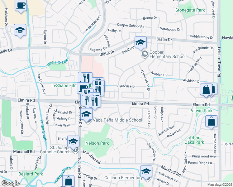 map of restaurants, bars, coffee shops, grocery stores, and more near 1055 Syracuse Circle in Vacaville
