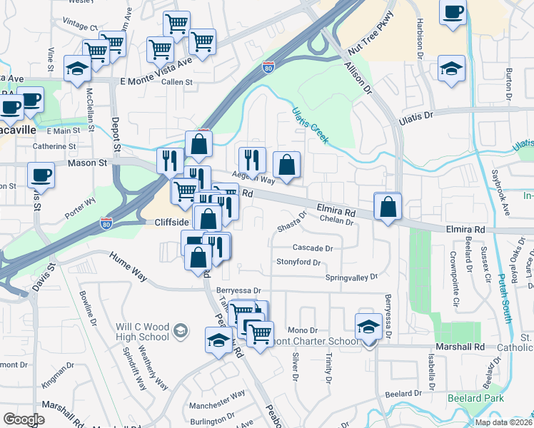 map of restaurants, bars, coffee shops, grocery stores, and more near 146 Del Rio Court in Vacaville