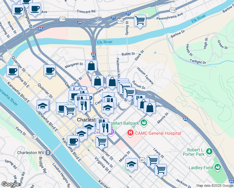 map of restaurants, bars, coffee shops, grocery stores, and more near 609 Shrewsbury Street in Charleston