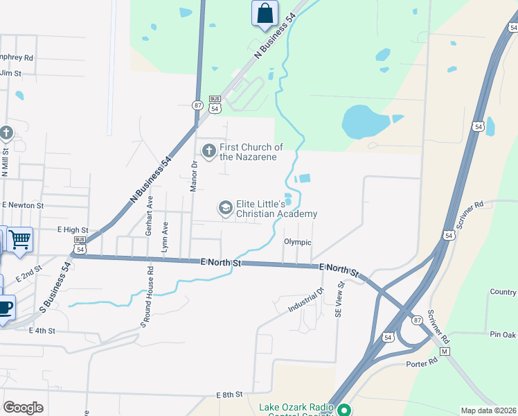map of restaurants, bars, coffee shops, grocery stores, and more near 1205 Jones Avenue in Eldon