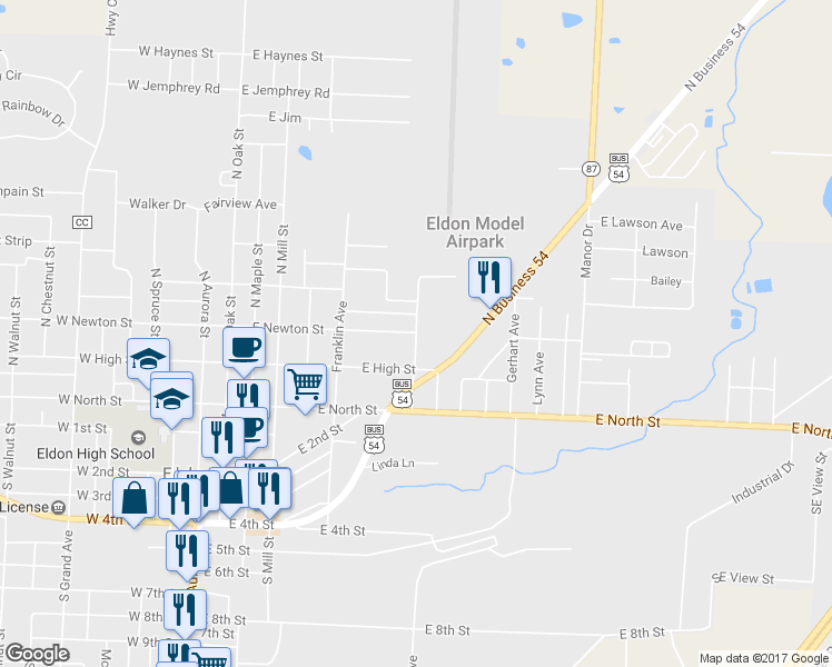 map of restaurants, bars, coffee shops, grocery stores, and more near 346 Eldon Avenue in Eldon