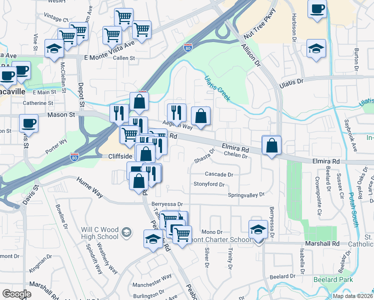 map of restaurants, bars, coffee shops, grocery stores, and more near 146 Del Rio Court in Vacaville