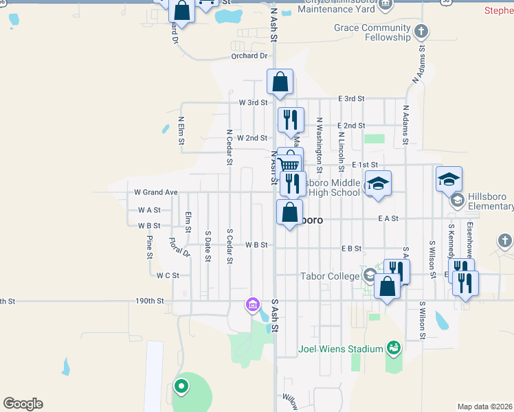 map of restaurants, bars, coffee shops, grocery stores, and more near 146-298 S Birch St in Hillsboro