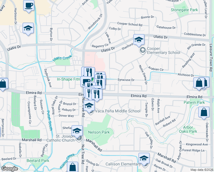 map of restaurants, bars, coffee shops, grocery stores, and more near 1162 Syracuse Circle in Vacaville