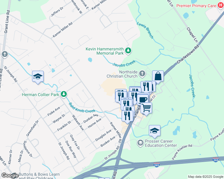 map of restaurants, bars, coffee shops, grocery stores, and more near 3502 Kamer Miller Road in New Albany