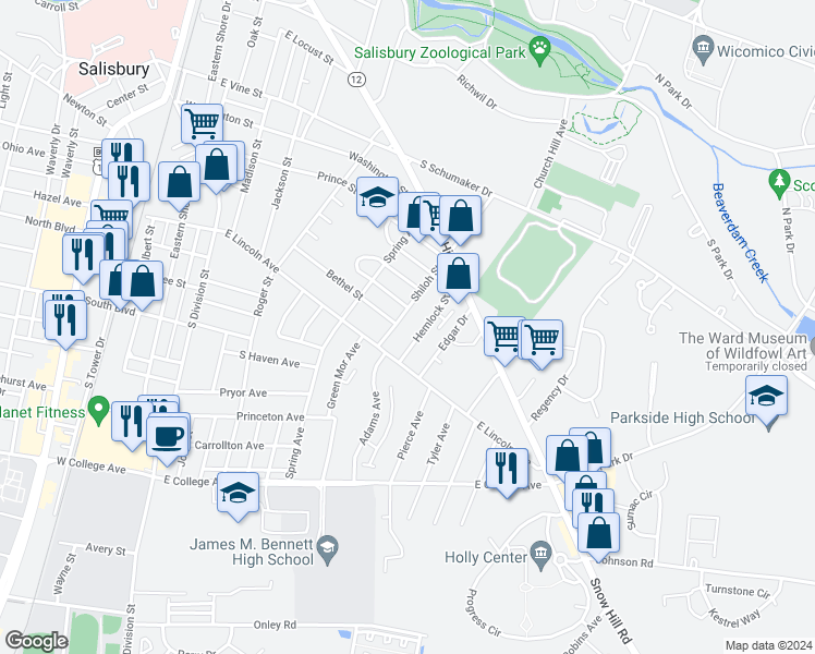 map of restaurants, bars, coffee shops, grocery stores, and more near 739 Hemlock Street in Salisbury