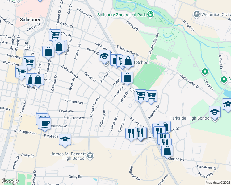 map of restaurants, bars, coffee shops, grocery stores, and more near 770 Hemlock Street in Salisbury