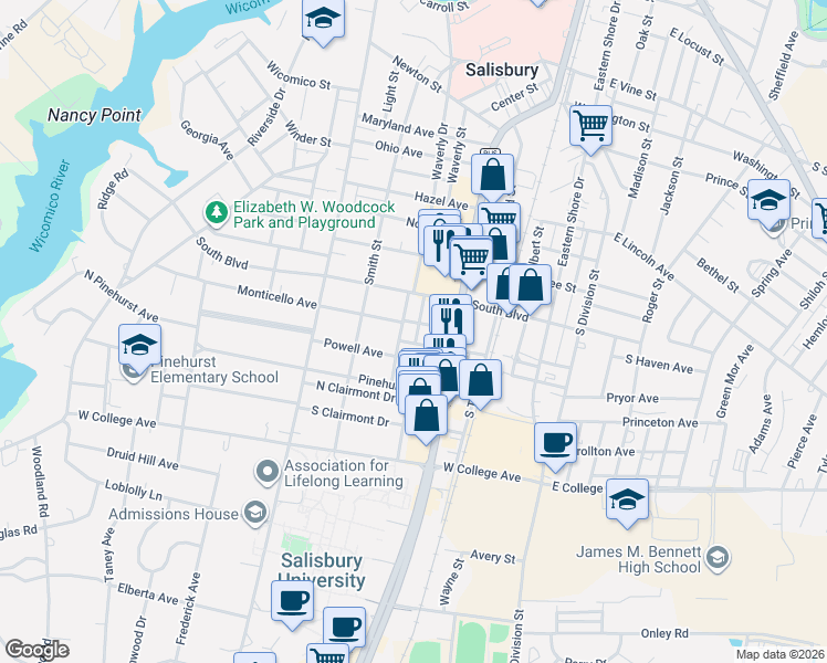 map of restaurants, bars, coffee shops, grocery stores, and more near 119 Cynthia Place in Salisbury