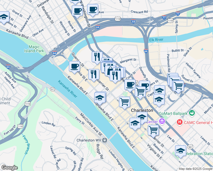 map of restaurants, bars, coffee shops, grocery stores, and more near 390 Quarrier Street in Charleston