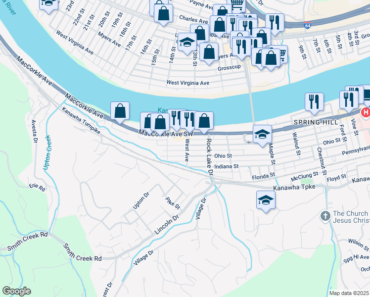 map of restaurants, bars, coffee shops, grocery stores, and more near 5401 West Avenue in South Charleston