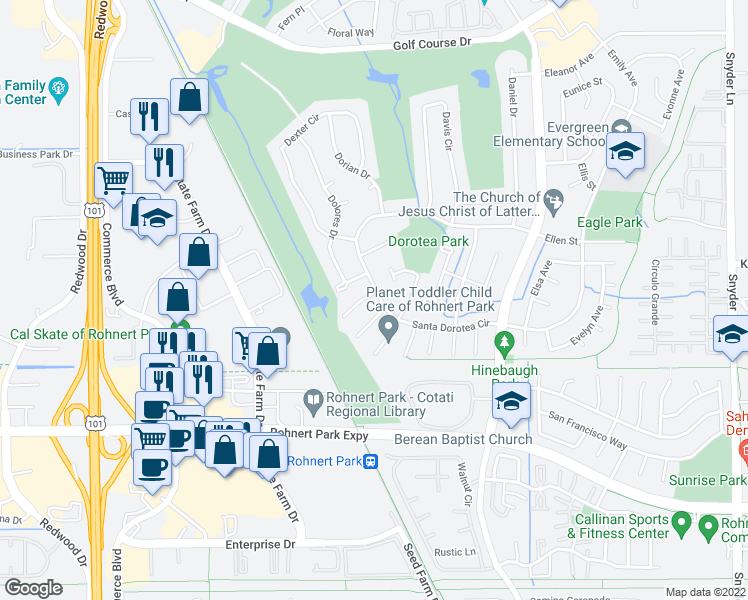 map of restaurants, bars, coffee shops, grocery stores, and more near 6080 Darleen Court in Rohnert Park