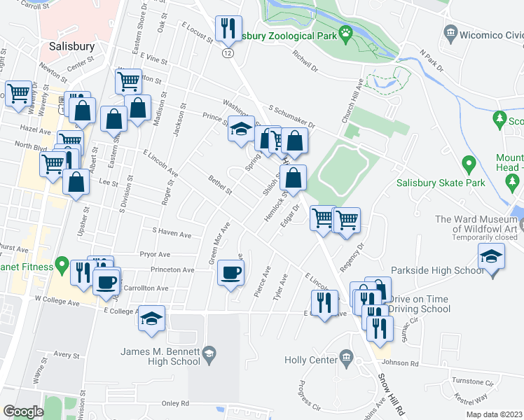 map of restaurants, bars, coffee shops, grocery stores, and more near 733 Hemlock Street in Salisbury
