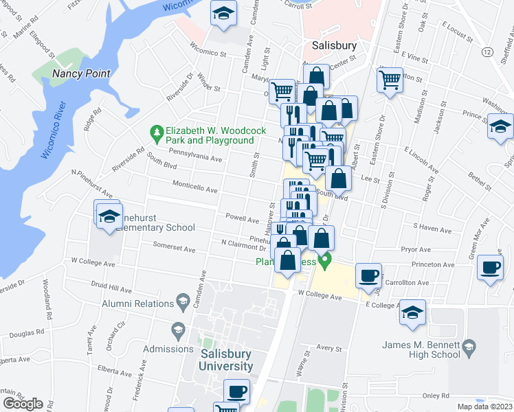 map of restaurants, bars, coffee shops, grocery stores, and more near 817 Smith Street in Salisbury