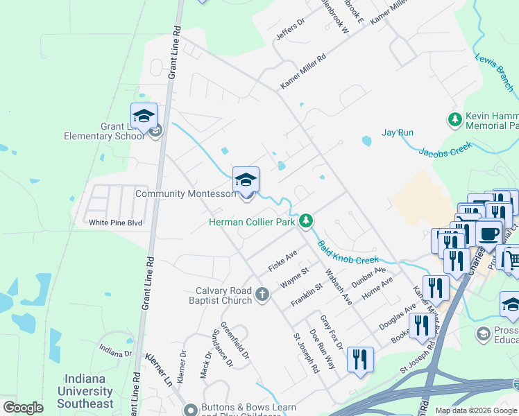 map of restaurants, bars, coffee shops, grocery stores, and more near 3833 Davis Drive in New Albany