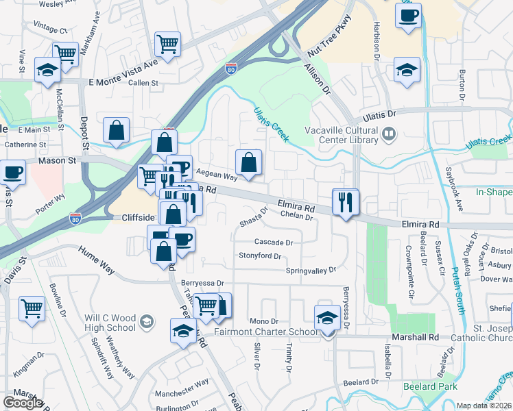 map of restaurants, bars, coffee shops, grocery stores, and more near 179 Elmira Road in Vacaville