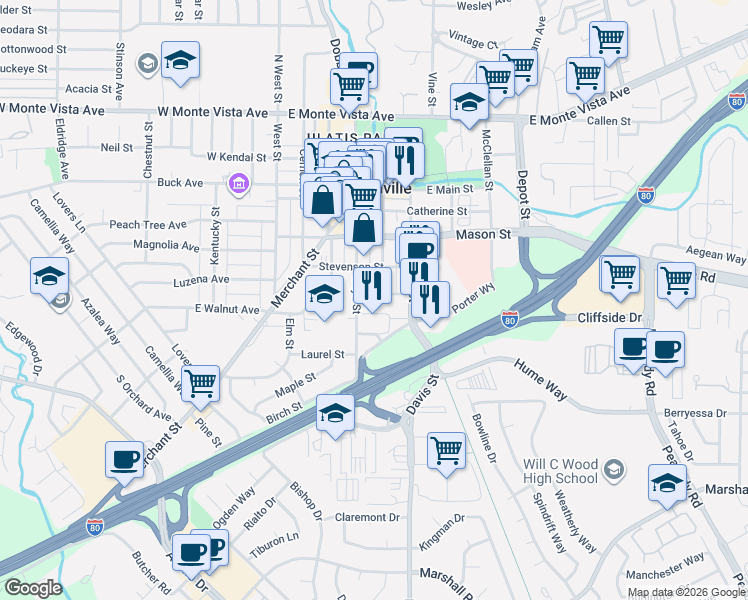 map of restaurants, bars, coffee shops, grocery stores, and more near 513 Elizabeth Street in Vacaville