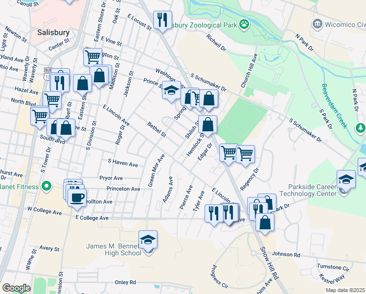 map of restaurants, bars, coffee shops, grocery stores, and more near 741 Hemlock Street in Salisbury