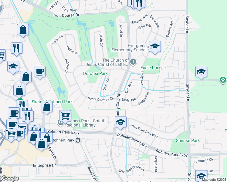 map of restaurants, bars, coffee shops, grocery stores, and more near 6061 Country Club Drive in Rohnert Park