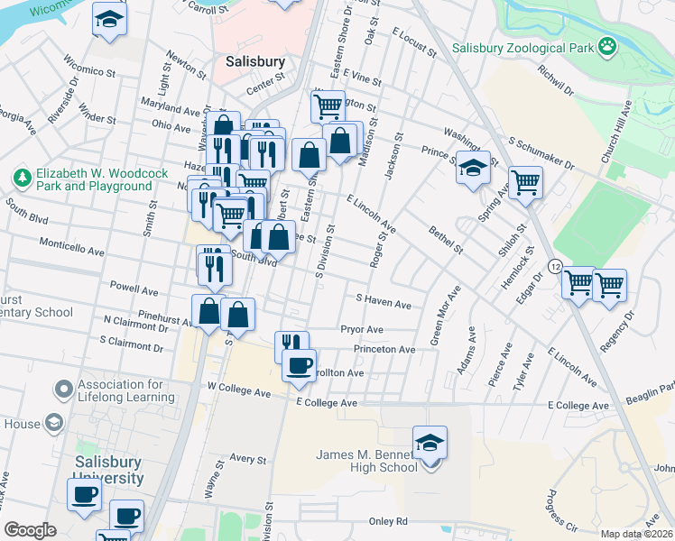 map of restaurants, bars, coffee shops, grocery stores, and more near 105 Van Buren Street in Salisbury