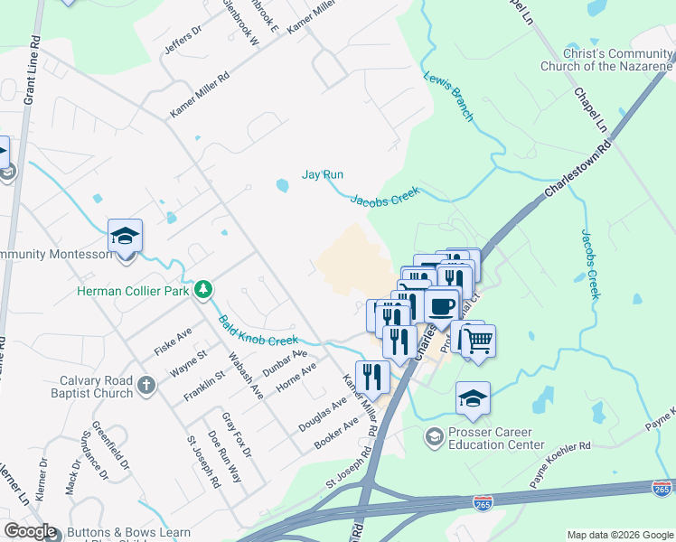map of restaurants, bars, coffee shops, grocery stores, and more near 5000 Charlestown Crossing Way in New Albany