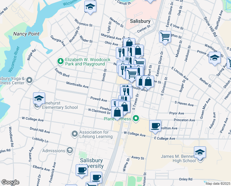 map of restaurants, bars, coffee shops, grocery stores, and more near 900 Hanson Street in Salisbury