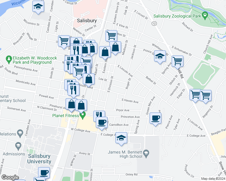 map of restaurants, bars, coffee shops, grocery stores, and more near 107 Kendall Street in Salisbury