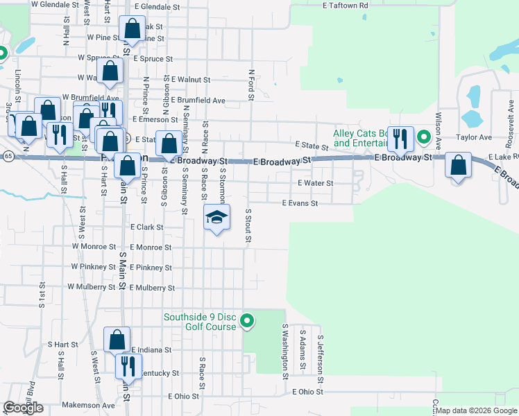 map of restaurants, bars, coffee shops, grocery stores, and more near South Stout Street in Princeton