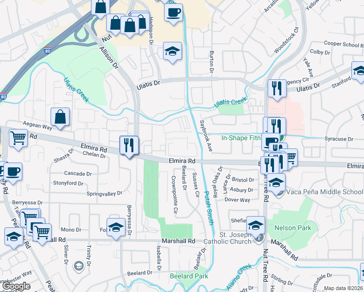 map of restaurants, bars, coffee shops, grocery stores, and more near 555 Elmira Road in Vacaville
