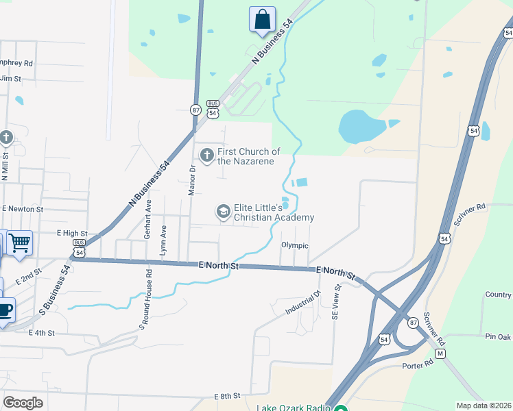 map of restaurants, bars, coffee shops, grocery stores, and more near 308 Grant Court in Eldon