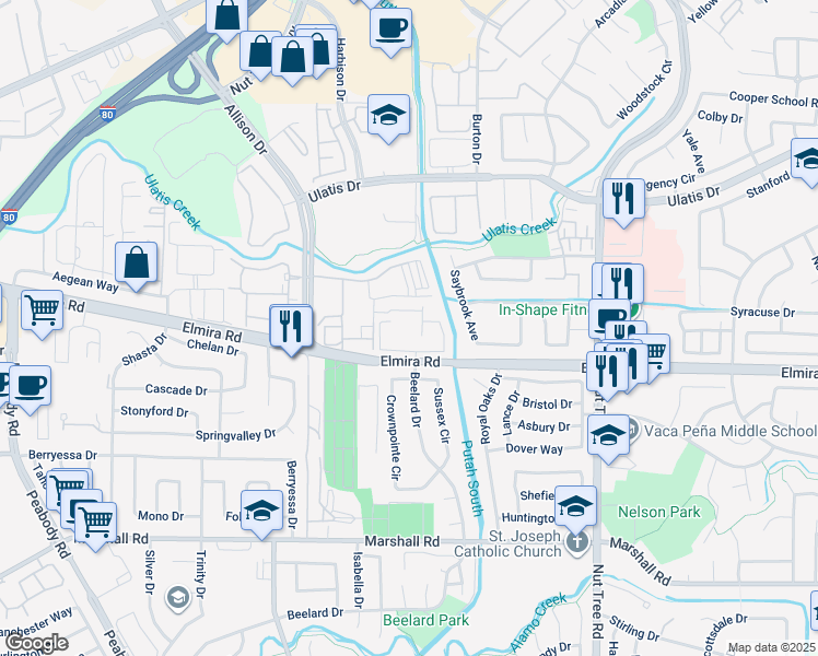 map of restaurants, bars, coffee shops, grocery stores, and more near 555 Elmira Road in Vacaville