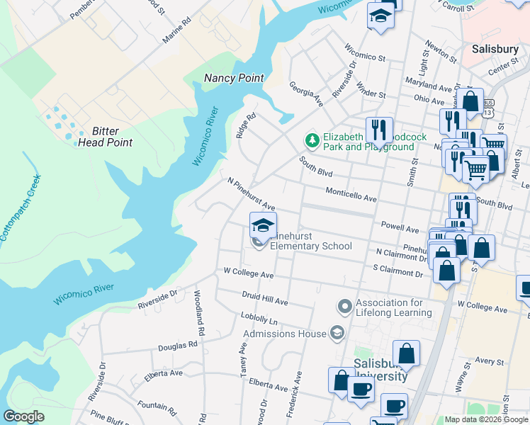 map of restaurants, bars, coffee shops, grocery stores, and more near 513 North Pinehurst Avenue in Salisbury