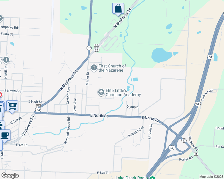 map of restaurants, bars, coffee shops, grocery stores, and more near 1105 Jones Avenue in Eldon