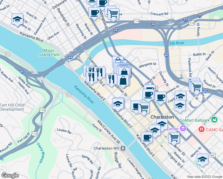 map of restaurants, bars, coffee shops, grocery stores, and more near 224 Virginia Street East in Charleston