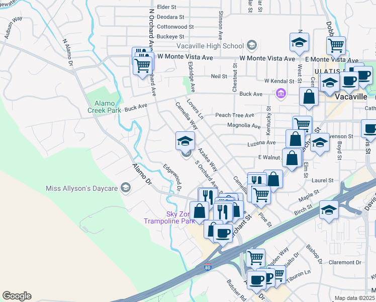 map of restaurants, bars, coffee shops, grocery stores, and more near 500 South Orchard Avenue in Vacaville