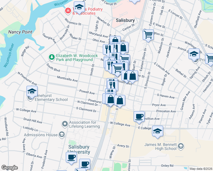 map of restaurants, bars, coffee shops, grocery stores, and more near 828 South Salisbury Boulevard in Salisbury