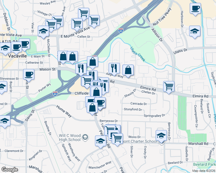 map of restaurants, bars, coffee shops, grocery stores, and more near in Vacaville