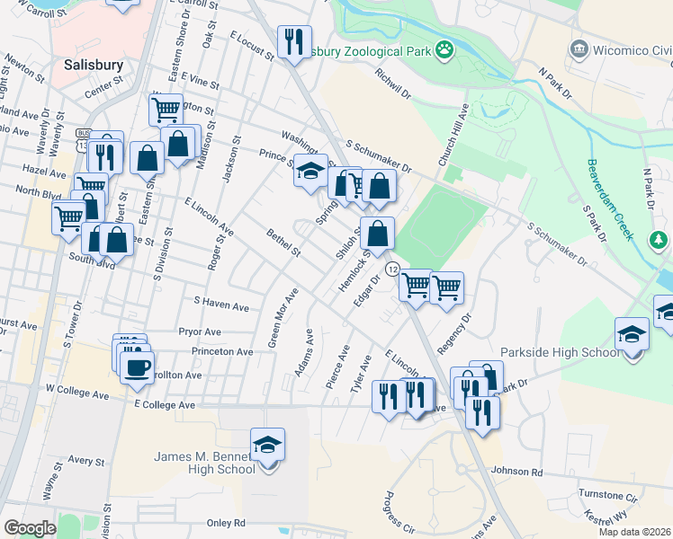 map of restaurants, bars, coffee shops, grocery stores, and more near 509 Juniper Street in Salisbury