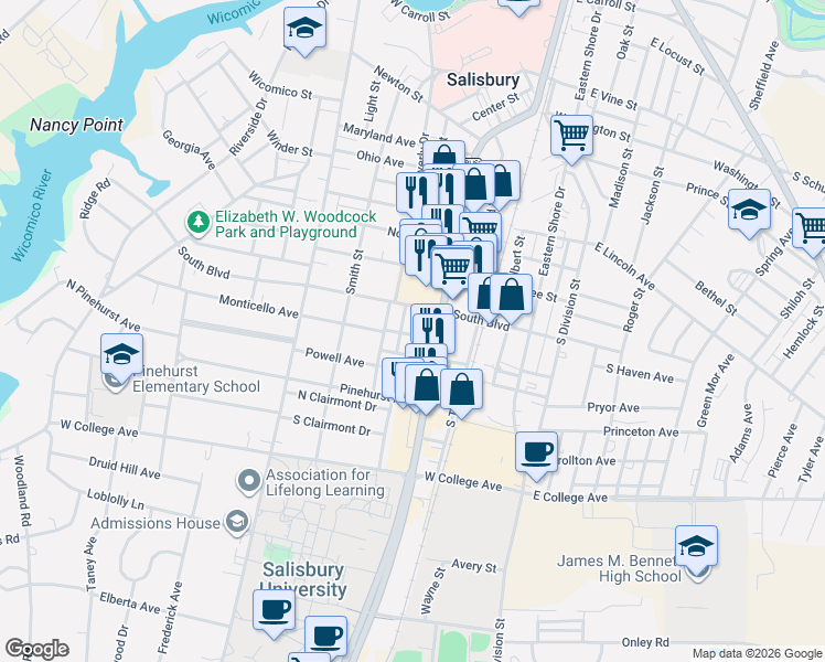 map of restaurants, bars, coffee shops, grocery stores, and more near 828 South Salisbury Boulevard in Salisbury