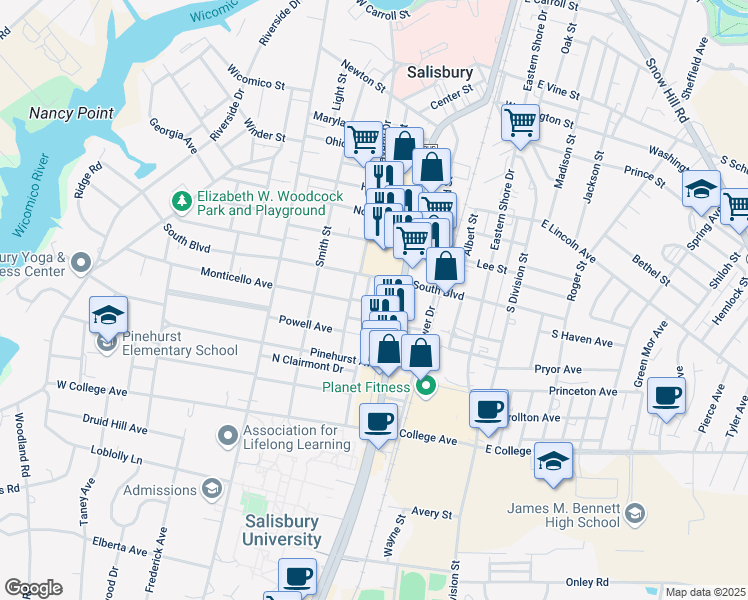 map of restaurants, bars, coffee shops, grocery stores, and more near 828 South Salisbury Boulevard in Salisbury
