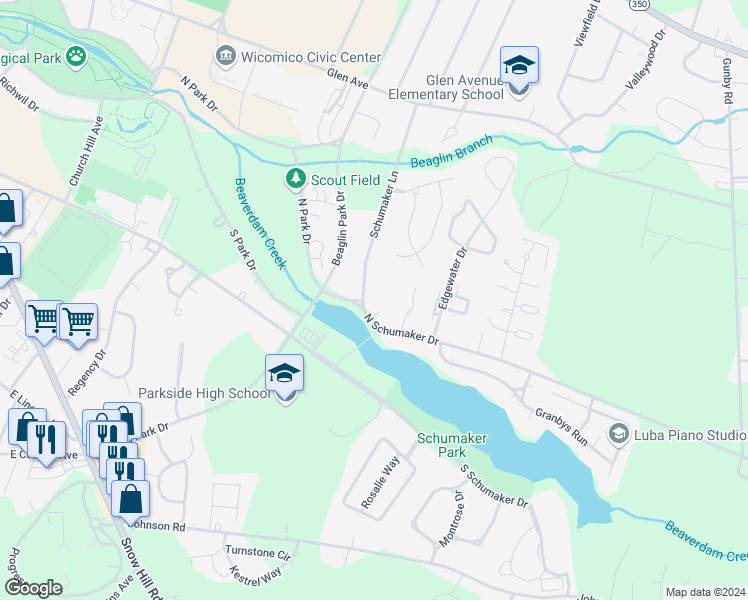 map of restaurants, bars, coffee shops, grocery stores, and more near 709 Schumaker Lane in Salisbury